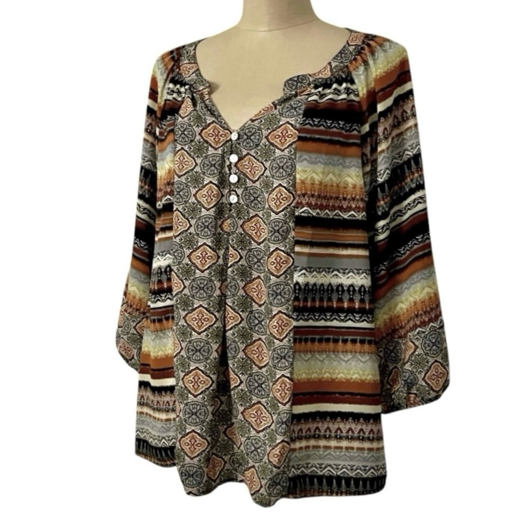 Fig & Flower Boho Popover Blouse Aztec Southwestern Mixed Print Brown Multi XL